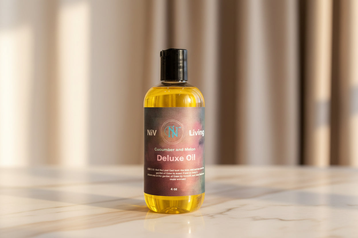 Bottle of Cucumber and Melon Deluxe Oil by Niv Living on a white background