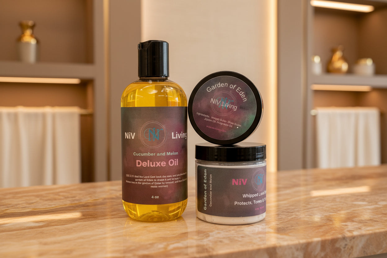 Niv Living skincare products including a bottle and jars on a white background