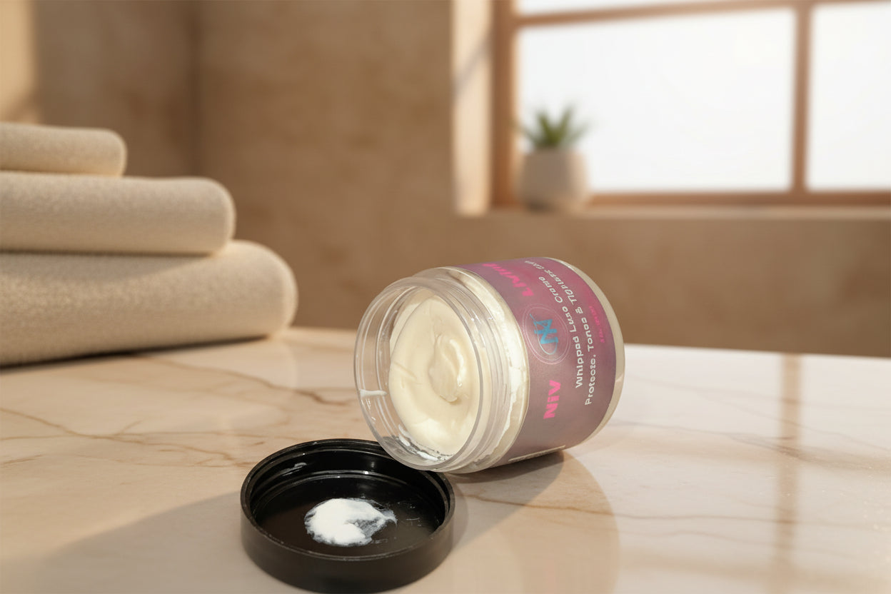 Open jar of cream with black lid on a wooden surface, towels in the background