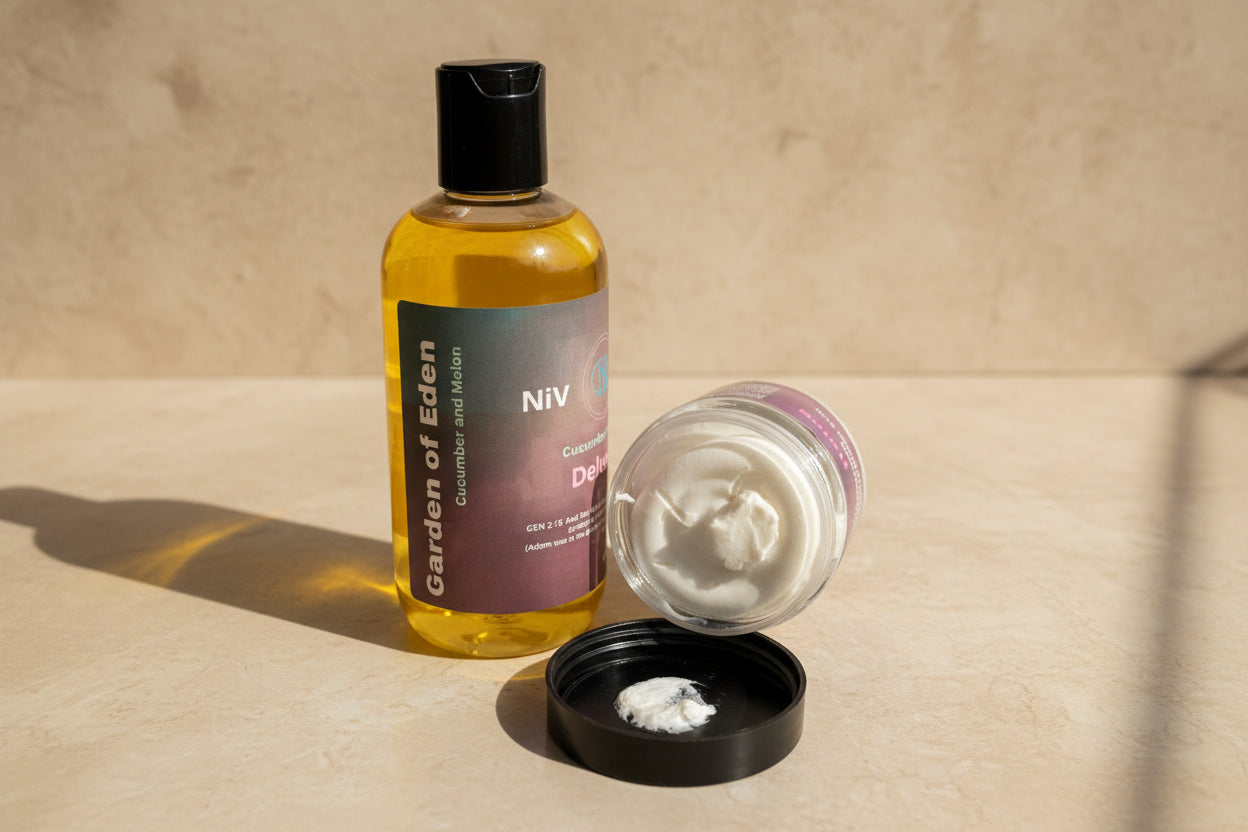 Bottle of 'Garden of Eden' product with a jar of cream on a beige surface