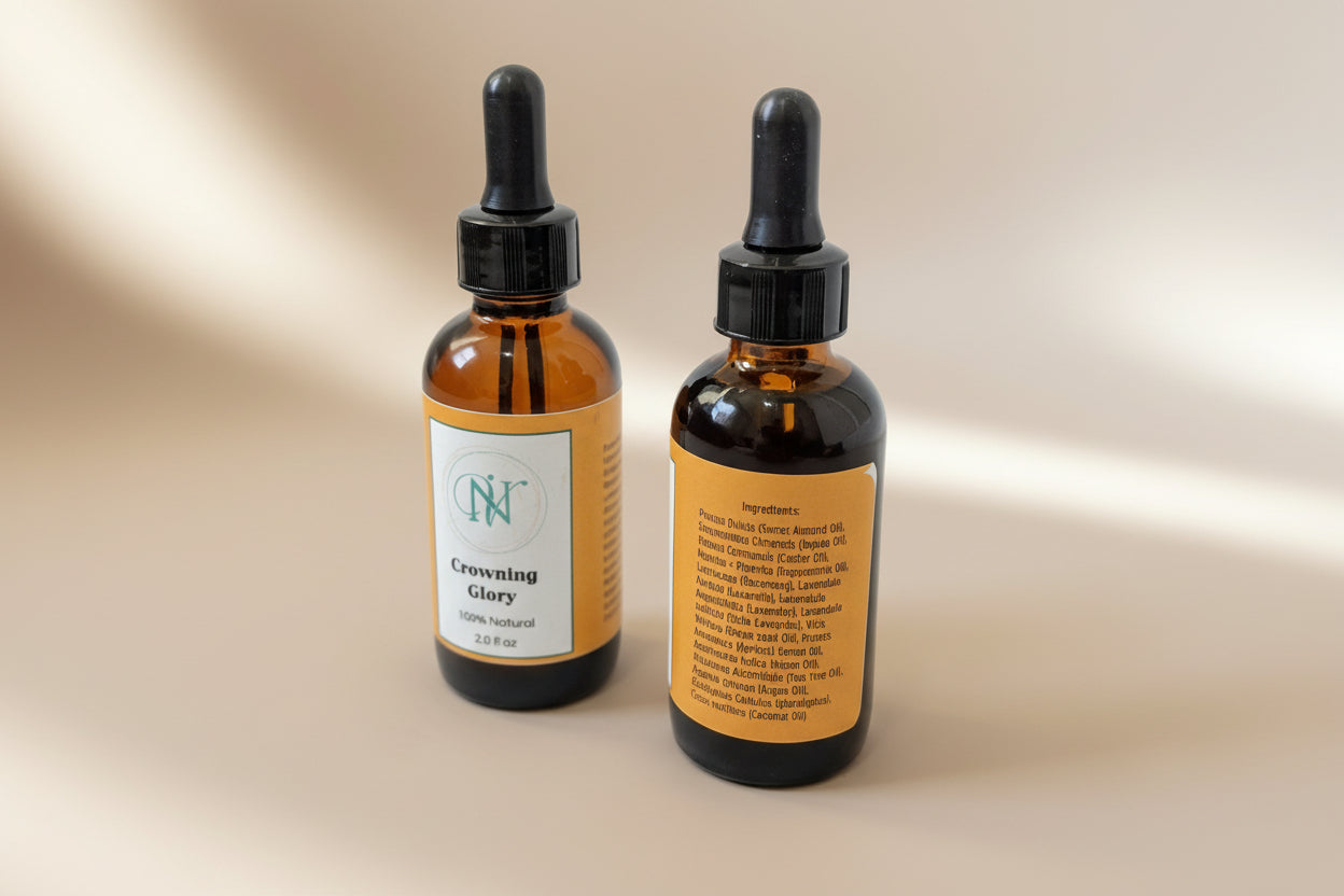 Two amber glass dropper bottles with labels on a beige background