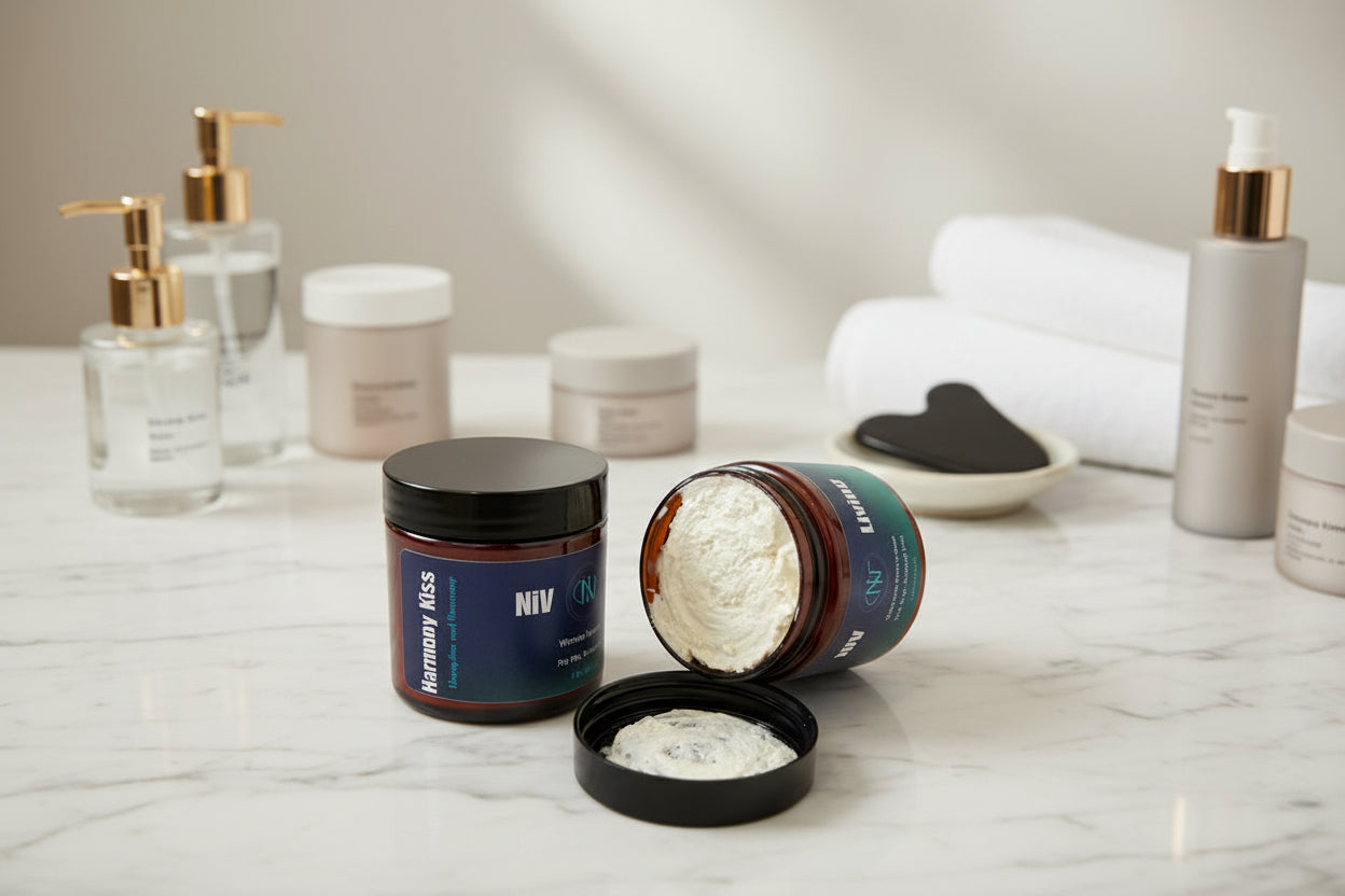 Two open containers of NIV hair product on a wooden surface