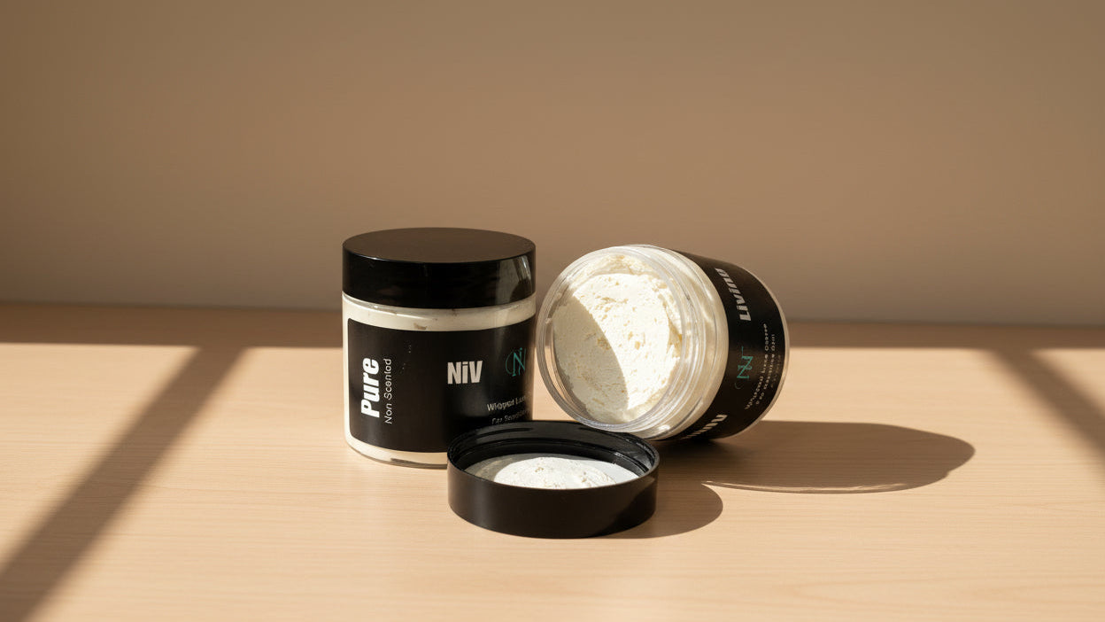 Three jars of NIV cream on a wooden surface with a neutral background