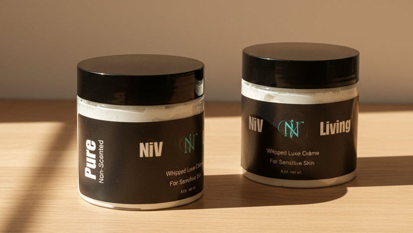 Two jars labeled 'Pure' and 'NIV Living' on a wooden surface with a neutral background.